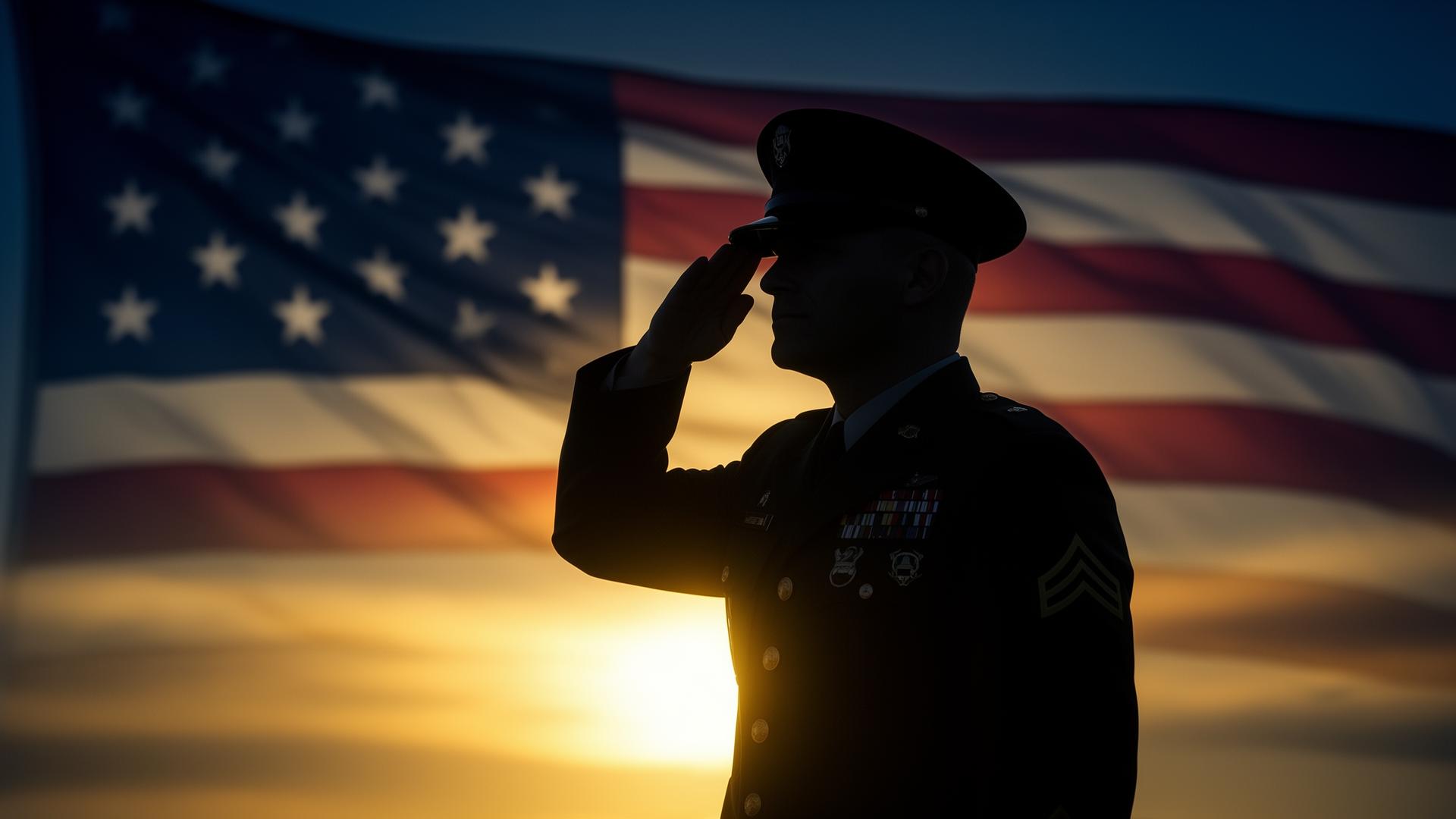 A U.S. military veteran salutes the American flag at sunrise